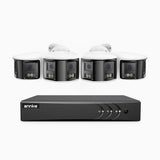 ACDK500 - Kit videosorveglianza analogica 8 canali con 4 telecamere 3K, doppio obiettivo, panoramica 180°, visione notturna intelligente Dual Light, audio bidirezionale, protezione IP67