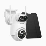 WB400P - Telecamera di sicurezza esterna wireless 4MP a doppio obiettivo, 100% senza fili, batteria da 9000 mAh & alimentazione solare, rotazione 350° e inclinazione 90°, rilevamento persone PIR, audio bidirezionale