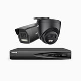 H500P - Kit videosorveglianza PoE 4 canali 3K, 1 telecamera bullet e 1 telecamera turret, visione notturna a colori e IR, risoluzione 3072*1728, apertura f/1.6 (0.005 lux), rilevamento umano e veicoli, microfono integrato, IP67