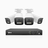 HZ804 - Kit videosorveglianza PoE 4 canali con 4 telecamere 4K, zoom ottico 4X, doppia luce visione notturna, rilevamento del movimento 2.0, Microfono integrato, sirena e allarme stroboscopico