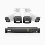 HZ804 - Kit videosorveglianza PoE 4 canali con 4 telecamere 4K, zoom ottico 4X, doppia luce visione notturna, rilevamento del movimento 2.0, Microfono integrato, sirena e allarme stroboscopico