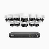 FDH800 - Kit videosorveglianza PoE 16 canali con 12 doppia lente telecamere 4K, vista panoramica a 180°, visione notturna intelligente a doppia luce, audio bidirezionale, sirena e allarme attivi, rilevamento persone e veicoli, IP67