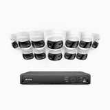FDH800 - Kit videosorveglianza PoE 16 canali con 12 doppia lente telecamere 4K, vista panoramica a 180°, visione notturna intelligente a doppia luce, audio bidirezionale, sirena e allarme attivi, rilevamento persone e veicoli, IP67