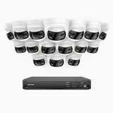 FDH800 - Kit videosorveglianza PoE 16 canali con 16 doppia lente telecamere 4K, vista panoramica a 180°, visione notturna intelligente a doppia luce, audio bidirezionale, sirena e allarme attivi, rilevamento persone e veicoli, IP67