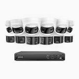 FDH800 - Kit videosorveglianza PoE doppia lente 16 canali 4K, 6 telecamere bullet e 6 telecamere, vista panoramica a 180°, visione notturna intelligente a doppia luce, audio bidirezionale, sirena e allarme attivi, rilevamento persone e veicoli, IP67