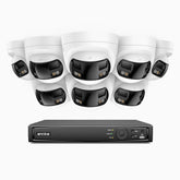 FDH800 - Kit videosorveglianza PoE 16 canali con 8 doppia lente telecamere 4K, vista panoramica a 180°, visione notturna intelligente a doppia luce, audio bidirezionale, sirena e allarme attivi, rilevamento persone e veicoli, IP67