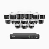 FDH800 - Kit videosorveglianza PoE doppia lente 16 canali 4K, 8 telecamere bullet e 8 telecamere, vista panoramica a 180°, visione notturna intelligente a doppia luce, audio bidirezionale, sirena e allarme attivi, rilevamento persone e veicoli, IP67