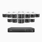 FDH800 - Kit videosorveglianza PoE 16 canali con 12 doppia lente telecamere 4K, vista panoramica a 180°, visione notturna intelligente a doppia luce, audio bidirezionale, sirena e allarme attivi, rilevamento persone e veicoli, IP67
