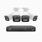 HZ804 - Kit videosorveglianza PoE 8 canali con 4 telecamere 4K, zoom ottico 4X, doppia luce visione notturna, rilevamento del movimento 2.0, Microfono integrato, sirena e allarme stroboscopico