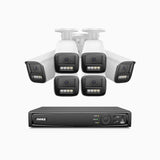 HZ804 - Kit videosorveglianza PoE 8 canali con 6 telecamere 4K, zoom ottico 4X, doppia luce visione notturna, rilevamento del movimento 2.0, Microfono integrato, sirena e allarme stroboscopico