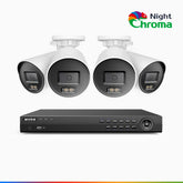 NightChroma<sup>TM</sup> NCK800 - Kit videosorveglianza PoE 8 canali con 4 telecamere 4K, Visione Notturna a Colori Acme, 3840 × 2160 a 30 fps, Rilevamento di Persone e Veicoli, Sirena e Allarme Stroboscopico, Audio Bidirezionale