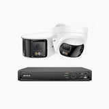 FDH600 - Kit videosorveglianza PoE doppia lente 8 canali 6MPX, 1 telecamere bullet e 1 telecamere, ultra grandangolo 180°, visione notturna intelligente a doppia luce, audio bidirezionale, sirena e allarme attivi, rilevamento persone e veicoli, IP67
