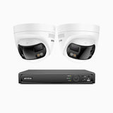 FDH800 - Kit videosorveglianza PoE 8 canali con 2 doppia lente telecamere 4K, vista panoramica a 180°, visione notturna intelligente a doppia luce, audio bidirezionale, sirena e allarme attivi, rilevamento persone e veicoli, IP67
