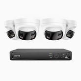 FDH800 - Kit videosorveglianza PoE 8 canali con 4 doppia lente telecamere 4K, vista panoramica a 180°, visione notturna intelligente a doppia luce, audio bidirezionale, sirena e allarme attivi, rilevamento persone e veicoli, IP67