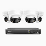 FDH800 - Kit videosorveglianza PoE 8 canali con 4 doppia lente telecamere 4K, vista panoramica a 180°, visione notturna intelligente a doppia luce, audio bidirezionale, sirena e allarme attivi, rilevamento persone e veicoli, IP67