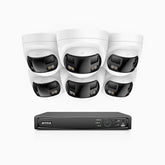FDH800 - Kit videosorveglianza PoE 8 canali con 6 doppia lente telecamere 4K, vista panoramica a 180°, visione notturna intelligente a doppia luce, audio bidirezionale, sirena e allarme attivi, rilevamento persone e veicoli, IP67