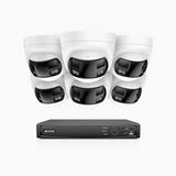 FDH600 - Kit videosorveglianza PoE 8 canali con 6 doppia lente telecamere 6MPX, ultra grandangolo 180°, visione notturna intelligente a doppia luce, audio bidirezionale, sirena e allarme attivi, rilevamento persone e veicoli, IP67