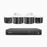 FDH800 - Kit videosorveglianza PoE 8 canali con 4 doppia lente telecamere 4K, vista panoramica a 180°, visione notturna intelligente a doppia luce, audio bidirezionale, sirena e allarme attivi, rilevamento persone e veicoli, IP67