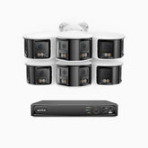 FDH600 - Kit videosorveglianza PoE 8 canali con 6 doppia lente telecamere 6MPX, ultra grandangolo 180°, visione notturna intelligente a doppia luce, audio bidirezionale, sirena e allarme attivi, rilevamento persone e veicoli, IP67