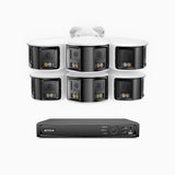 FDH800 - Kit videosorveglianza PoE 8 canali con 6 doppia lente telecamere 4K, vista panoramica a 180°, visione notturna intelligente a doppia luce, audio bidirezionale, sirena e allarme attivi, rilevamento persone e veicoli, IP67