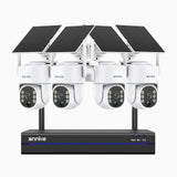 WBS400 - Kit videosorveglianza wireless 8 canali con 4 telecamere 4 MPX,WiFi dual-band 2,4/5,8 GHz Pro, rilevamento umano AI, audio bidirezionale, alimentata a batteria e con energia solare, rotazione 270° e inclinazione 90°, compatibile con Alexa
