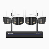 WSCD400P - Kit videosorveglianza wireless 8 canali con 4 telecamere Dual-Lens 4MP, angolo 170°, WiFi dual-band 2,4/5 GHz, visione notturna a colori, rilevamento movimento, audio bidirezionale, compatibile con Alexa