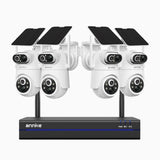 WBS400P - Kit videosorveglianza wireless 8 canali con 4 telecamere 4 MPX, doppio obiettivo, 100% senza fili, batteria da 9000 mAh & alimentazione solare, rotazione 350° e inclinazione 90°, rilevamento persone PIR, audio bidirezionale