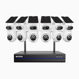 WBS400P - Kit videosorveglianza wireless 8 canali con 6 telecamere 4 MPX, doppio obiettivo, 100% senza fili, batteria da 9000 mAh & alimentazione solare, rotazione 350° e inclinazione 90°, rilevamento persone PIR, audio bidirezionale