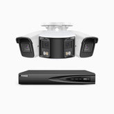 HDCK680 - Kit videosorveglianza PoE 4 canali con 2 telecamera 4K e 1 telecamera 6 MPX doppia lente(ultra grandangolo 180°), visione notturna a colori, microfono incorporato, riconoscere di persone e veicoli