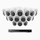 H800X - Kit videosorveglianza PoE 16 canali con 16 telecamere 4K con sensore BSI da 1/1,8'', apertura f/1,6 (0,003 Lux), sirena e allarme stroboscopico, audio bidirezionale, rilevamento di persone e veicoli, protezione perimetrale, funziona con Alexa