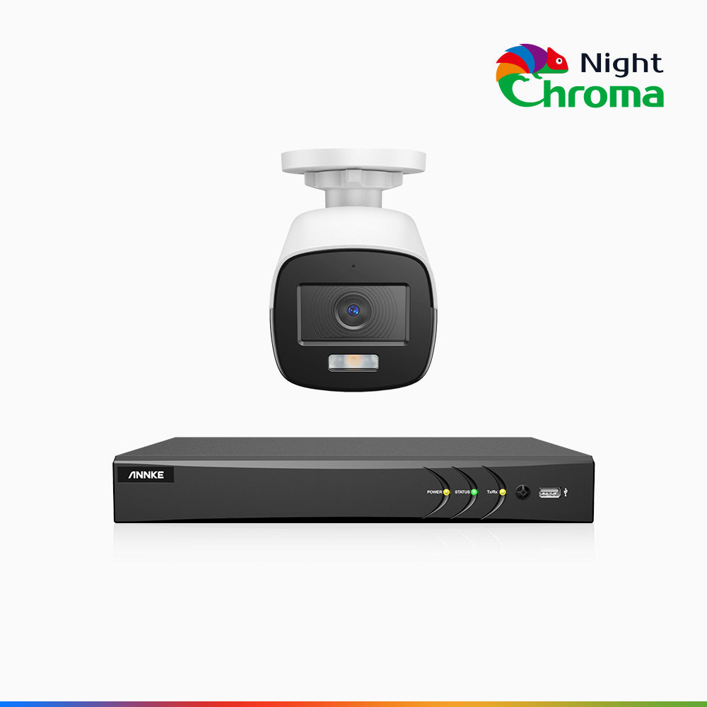 NightChroma<sup>TM</sup>  NAK500 - Kit videosorveglianza 8 canali con 1 telecamere di Sicurezza TVI 3K, visione notturna a colori Acme, Risoluzione 2960 × 1665, Apertura f/1.0 (0.001 Lux), Microfono Integrato, IP67, Versione Aggiornata