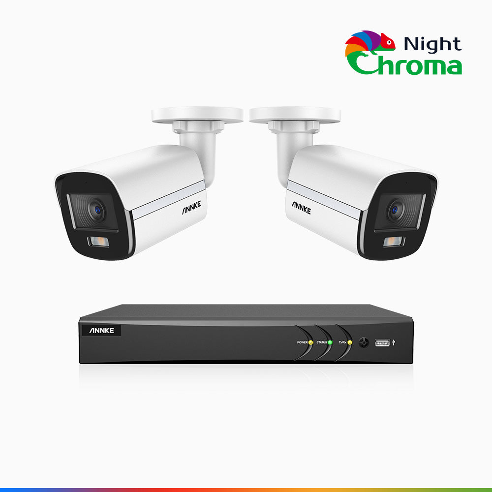 NightChroma<sup>TM</sup>  NAK500 - Kit videosorveglianza 8 canali con 2 telecamere di Sicurezza TVI 3K, visione notturna a colori Acme, Risoluzione 2960 × 1665, Apertura f/1.0 (0.001 Lux), Microfono Integrato, IP67, Versione Aggiornata