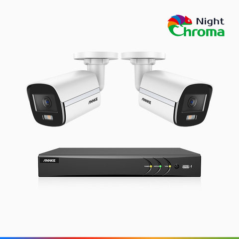 NightChroma<sup>TM</sup>  NAK500 - Kit videosorveglianza 8 canali con 2 telecamere di Sicurezza TVI 3K, visione notturna a colori Acme, Risoluzione 2960 × 1665, Apertura f/1.0 (0.001 Lux), Microfono Integrato, IP67, Versione Aggiornata