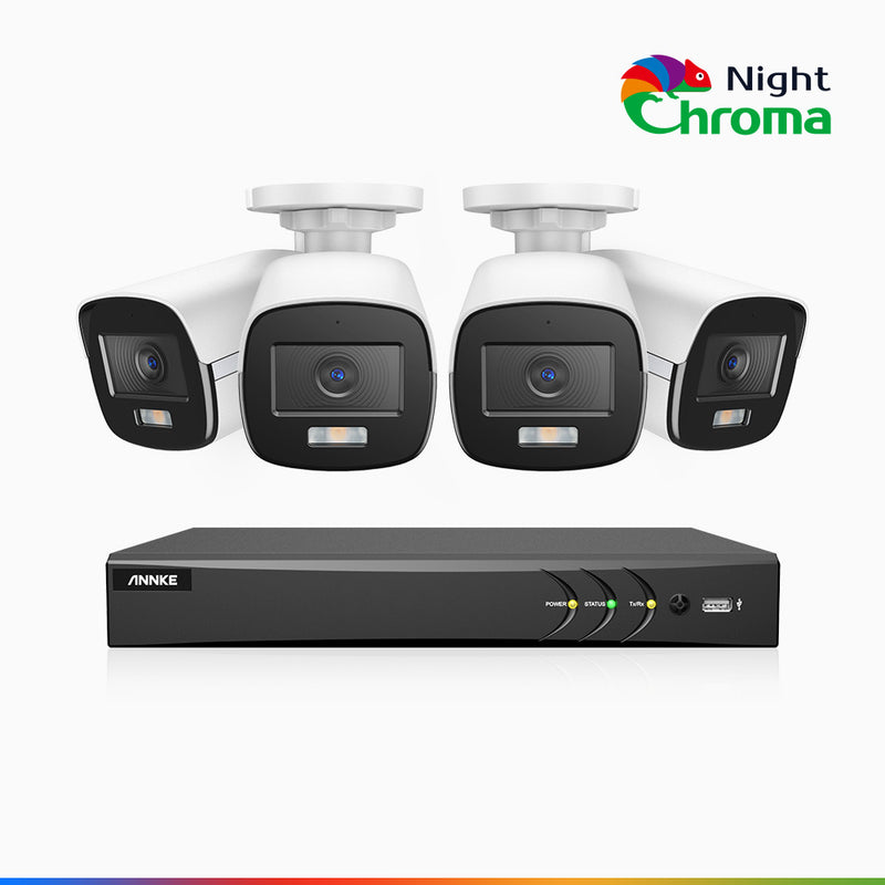 NightChroma<sup>TM</sup>  NAK500 - Kit videosorveglianza 8 canali con 4 telecamere di Sicurezza TVI 3K, visione notturna a colori Acme, Risoluzione 2960 × 1665, Apertura f/1.0 (0.001 Lux), Microfono Integrato, IP67, Versione Aggiornata