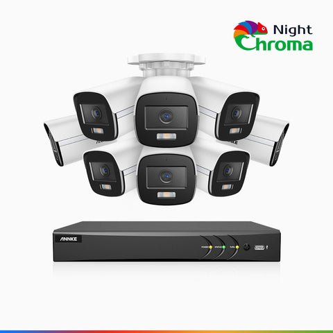 NightChroma<sup>TM</sup>  NAK500 - Kit videosorveglianza 8 canali con 8 telecamere di Sicurezza TVI 3K, visione notturna a colori Acme, Risoluzione 2960 × 1665, Apertura f/1.0 (0.001 Lux), Microfono Integrato, IP67, Versione Aggiornata