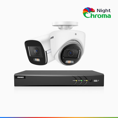 NightChroma<sup>TM</sup>  NAK500 - Kit videosorveglianza di TVI 3K 8 canali, 1 telecamere bullet e 1 telecamere turret, visione notturna a colori Acme, Risoluzione 2960 × 1665, Apertura f/1.0 (0.001 Lux), Microfono Integrato, IP67, Versione Aggiornata