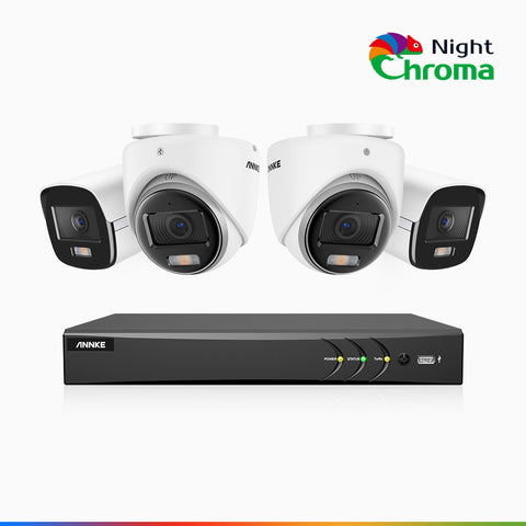 NightChroma<sup>TM</sup>  NAK500 - Kit videosorveglianza di TVI 3K 8 canali, 2 telecamere bullet e 2 telecamere turret, visione notturna a colori Acme, Risoluzione 2960 × 1665, Apertura f/1.0 (0.001 Lux), Microfono Integrato, IP67, Versione Aggiornata