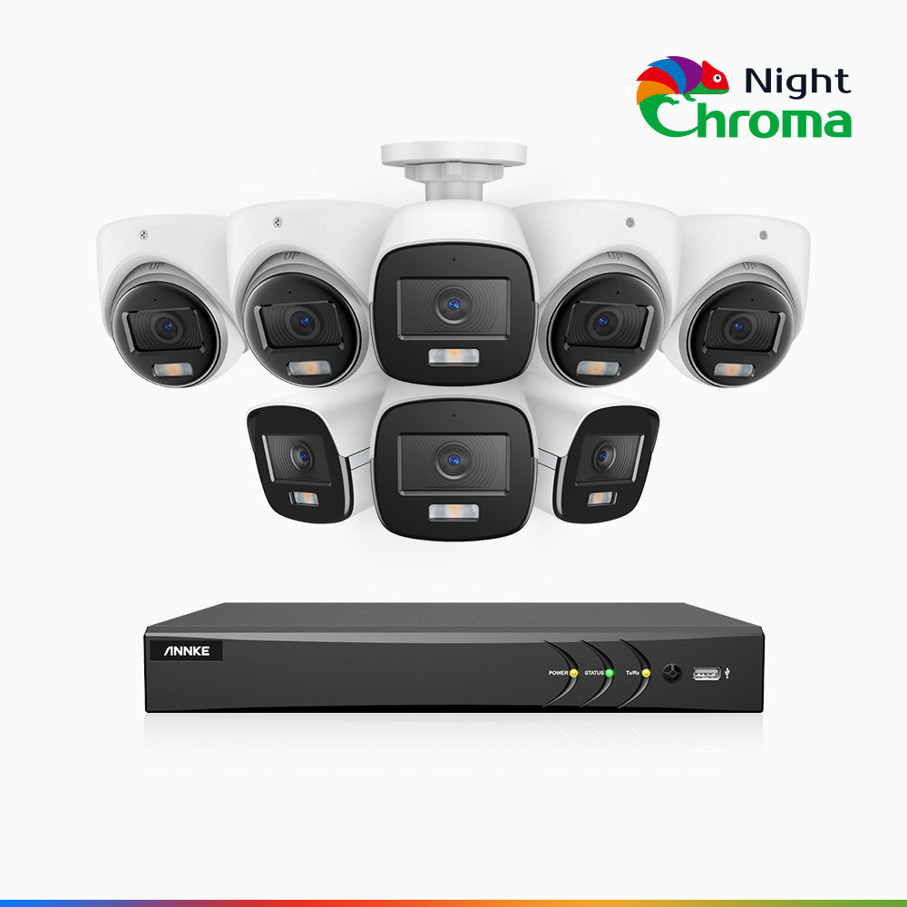 NightChroma<sup>TM</sup>  NAK500 - Kit videosorveglianza di TVI 3K 8 canali, 4 telecamere bullet e 4 telecamere turret, visione notturna a colori Acme, Risoluzione 2960 × 1665, Apertura f/1.0 (0.001 Lux), Microfono Integrato, IP67, Versione Aggiornata