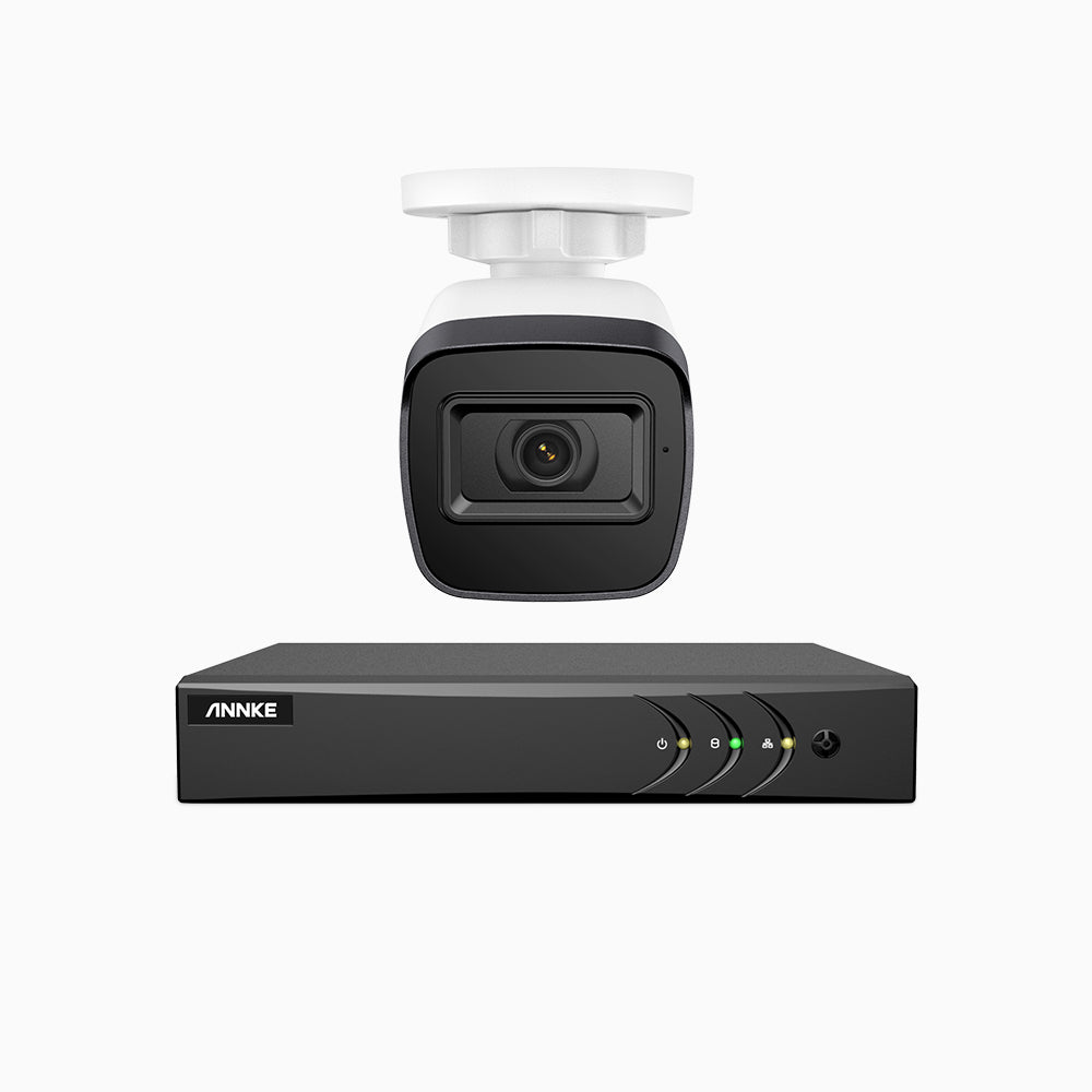 EL200 - Kit videosorveglianza analogica 4 canali con 1 telecamere 1080p, Smart DVR con rilevamento umano e veicoli, visione notturna a infrarossi fino a 66 piedi, segnale di uscita 4-in-1, IP67