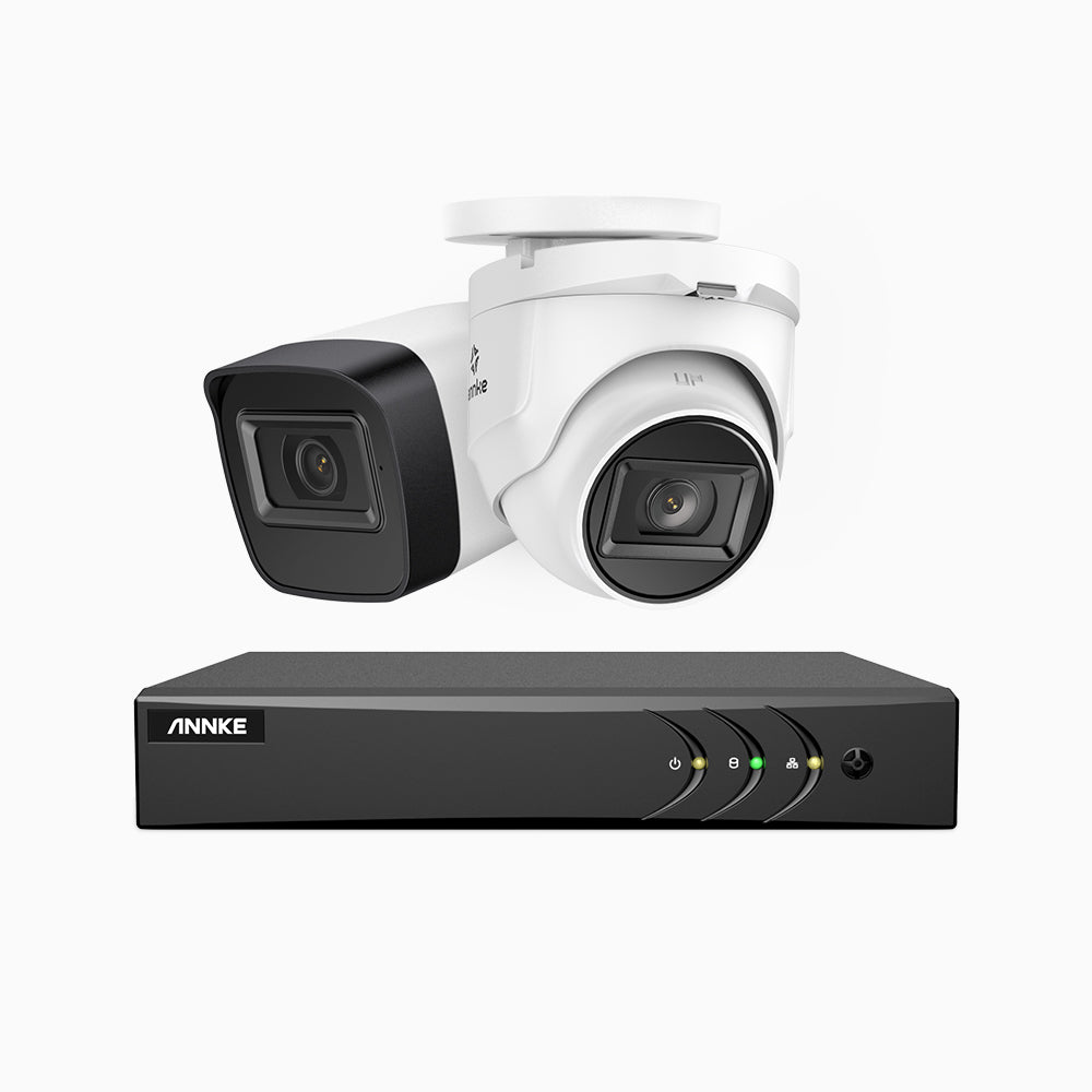 EL200 - Kit videosorveglianza analogica 4 canali con 1 telecamera bullet e 1 telecamere turret 1080p, Smart DVR con rilevamento umano e veicoli, visione notturna a infrarossi fino a 66 piedi, segnale di uscita 4-in-1, IP67