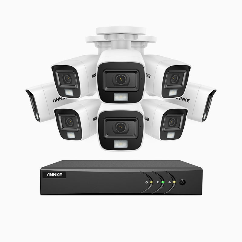ADLK500 - Kit videosorveglianza analogica 16 canali con 8 telecamere 3K, Visione notturna a doppia luce, apertura superiore f/1.2, segnale di uscita 4-in-1, microfono integrato, IP67 resistente alle intemperie