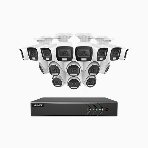 ADLK500 - Kit videosorveglianza analogica 16 canali 3K, 8 telecamera bullet e 8 telecamera turret, Visione notturna a doppia luce, apertura superiore f/1.2, segnale di uscita 4-in-1, microfono integrato, IP67 resistente alle intemperie