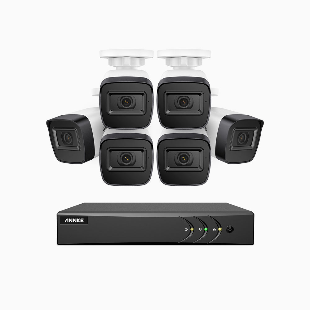 EL200 - Kit videosorveglianza analogica 8 canali con 6 telecamere 1080p, Smart DVR con rilevamento umano e veicoli, visione notturna a infrarossi fino a 66 piedi, segnale di uscita 4-in-1, IP67