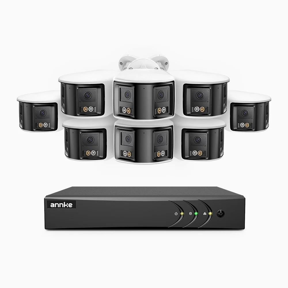 ACDK500 - Kit videosorveglianza analogica 8 canali con 8 telecamere 3K, doppio obiettivo, panoramica 180°, visione notturna intelligente Dual Light, Microfono Incorporato, protezione IP67