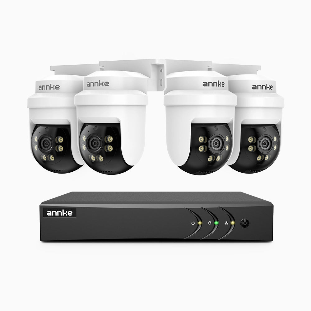 APTK500 - Kit videosorveglianza analogica 8 canali con 4 telecamere 5MP, panoramica a 350° e inclinazione a 90°, visione notturna IR da 100 m, resistente alle intemperie IP65