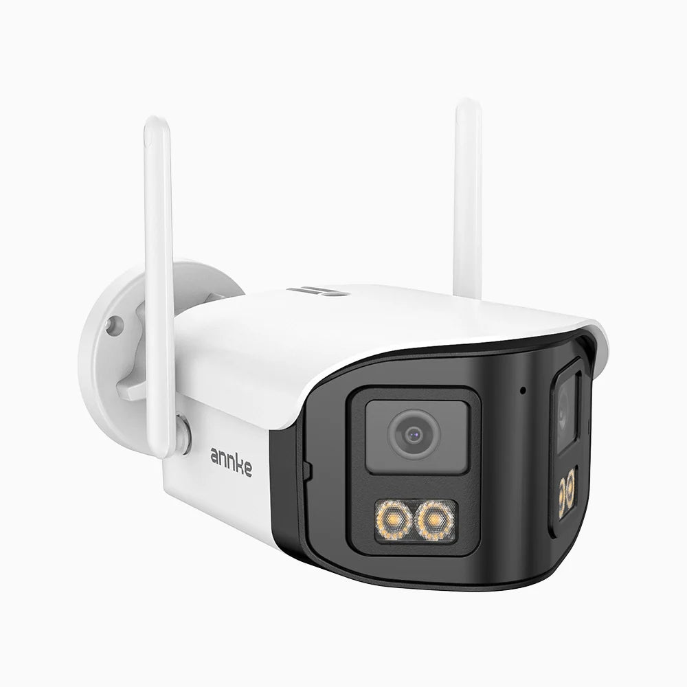 WCD400P - Telecamera di sicurezza WiFi wireless 4MP per esterni con doppio obiettivo, angolo 170°, WiFi dual-band 2,4/5 GHz, visione notturna a colori, rilevamento movimento, audio bidirezionale, compatibile con Alexa