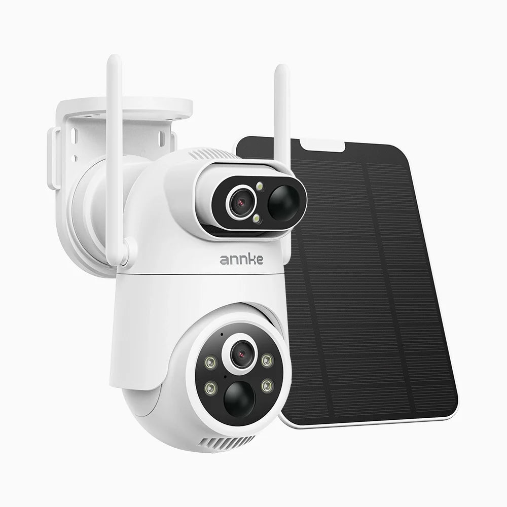 WB400P - Telecamera di sicurezza esterna wireless 4MP a doppio obiettivo, 100% senza fili, batteria da 9000 mAh & alimentazione solare, rotazione 350° e inclinazione 90°, rilevamento persone PIR, audio bidirezionale