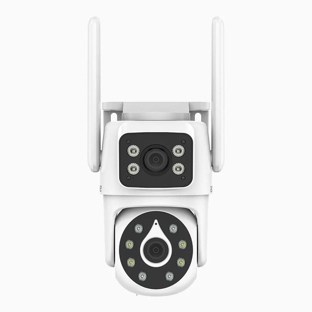 WCD400 - Telecamera di sicurezza WiFi wireless 4MP per esterni con doppio obiettivo, rilevamento umano AI, audio bidirezionale, rotazione 350° e inclinazione 90°, compatibile con Alexa