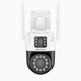 WCD600 - Telecamera di Sicurezza WiFi da Esterno 6 MPX UHD a Doppio Obiettivo, Luci Lampeggianti Rosse e Blu con Sirena, Visione Notturna Intelligente a Doppia Luce, Audio Bidirezionale, Pan a 350° e Tilt a 90°, Compatibile con Alexa