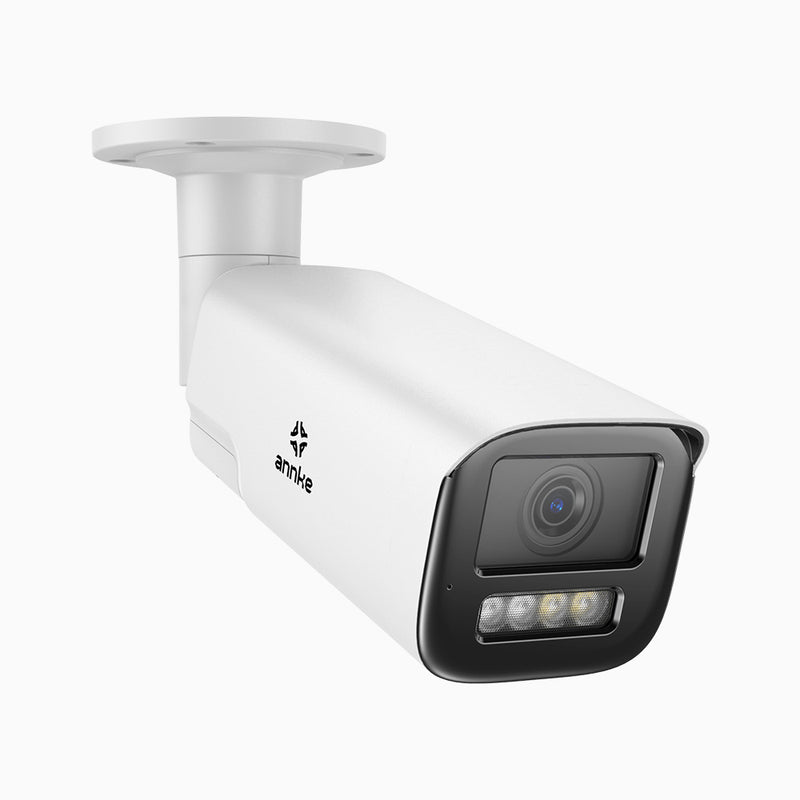 ACZ800 - Telecamera di sicurezza PoE esterno 4K, zoom ottico 4X, doppia luce visione notturna, rilevamento del movimento 2.0, audio bidirezionale, sirena e allarme stroboscopico